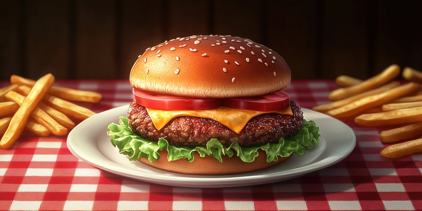 Juicy hamburger with lettuce, tomato, and cheese served with crispy fries on a checkered tablecloth